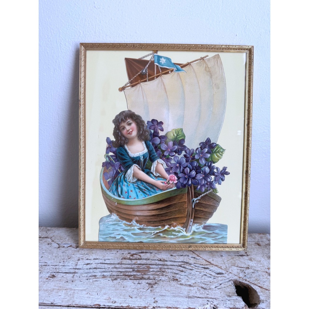 Antique Framed Paper Card Art Girl Boat Violets Gold Frame - Picture 3 of 5